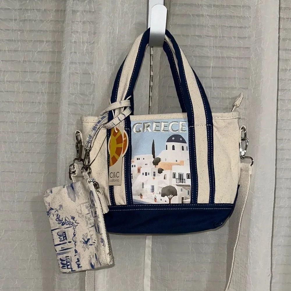 C&C California Ivory Blue Coastal GREECE Embroidered Mini Tote Crossbody